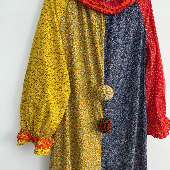 Handmade Unisex OS Color Block 70s Multi Mixed Dainty Floral 2 Pompom Clown Cost - Picture 5 of 11